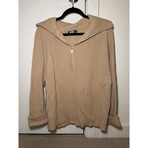 Beige Quarter Zip Ribbed Knit Oversized Sweater